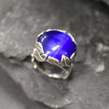 Cats Eye Ring, Natural Cats Eyes, Blue Vintage Ring, Silver Leaf Ring, Unique Stone Ring, Blue Quartz Ring, Leaf Ring, Solid Silver Ring