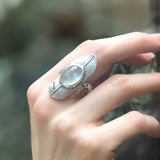 Prehnite Ring, Natural Prehnite, May Birthstone Ring, Silver Feather Ring, Statement Green Ring, Vintage Feather Ring, Solid Silver Ring
