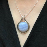 Blue Lace Agate Pendant, Natural Agate, Statement Pendant, Round Pendant, Vintage Pendant, Lilac Pendant, Big Pendant, Solid Silver Pendant