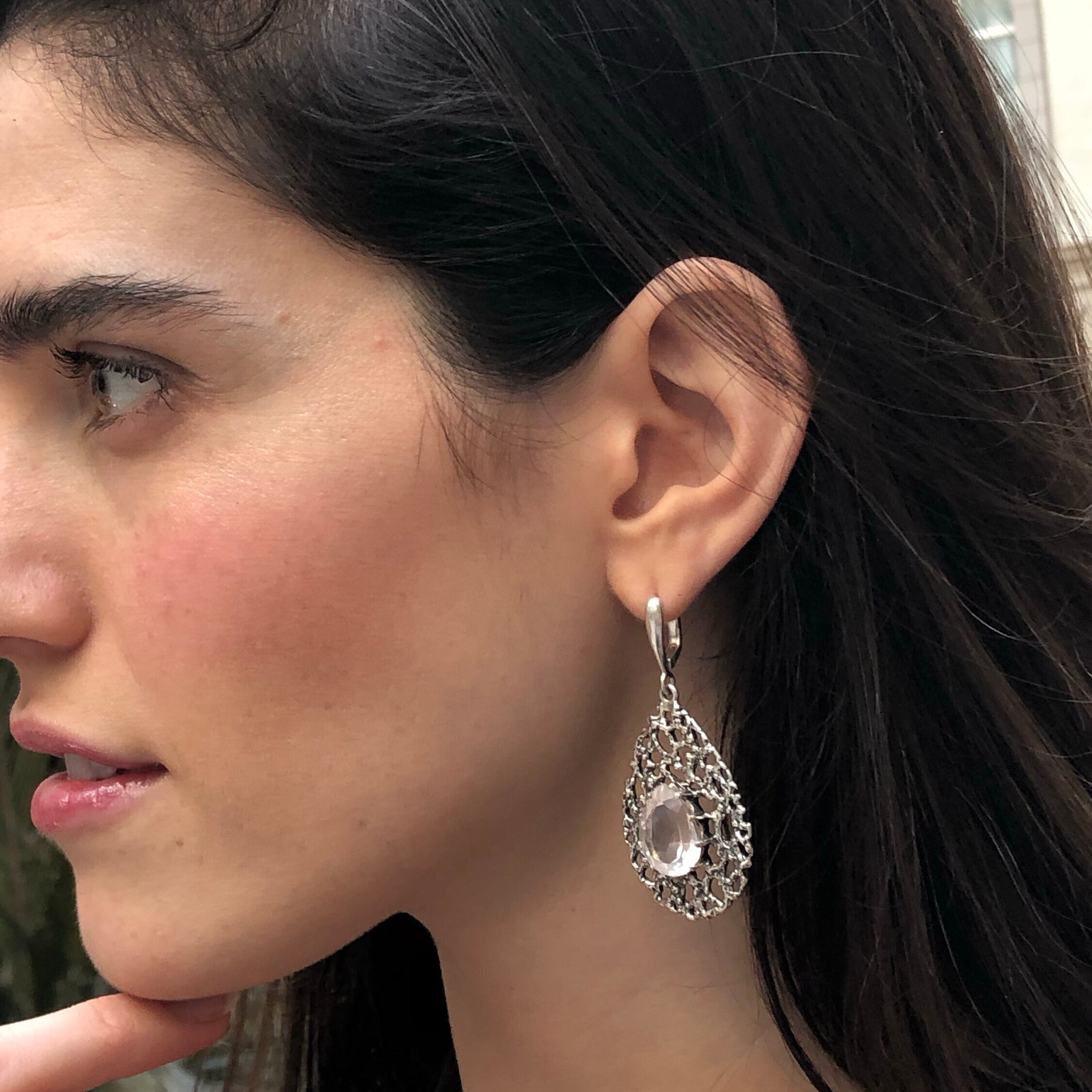 Rose Quartz Earrings, Natural Rose Quartz, January Earrings, Teardrop Earrings, Pink Quartz Earrings, Vintage Earrings, 925 Silver Earrings