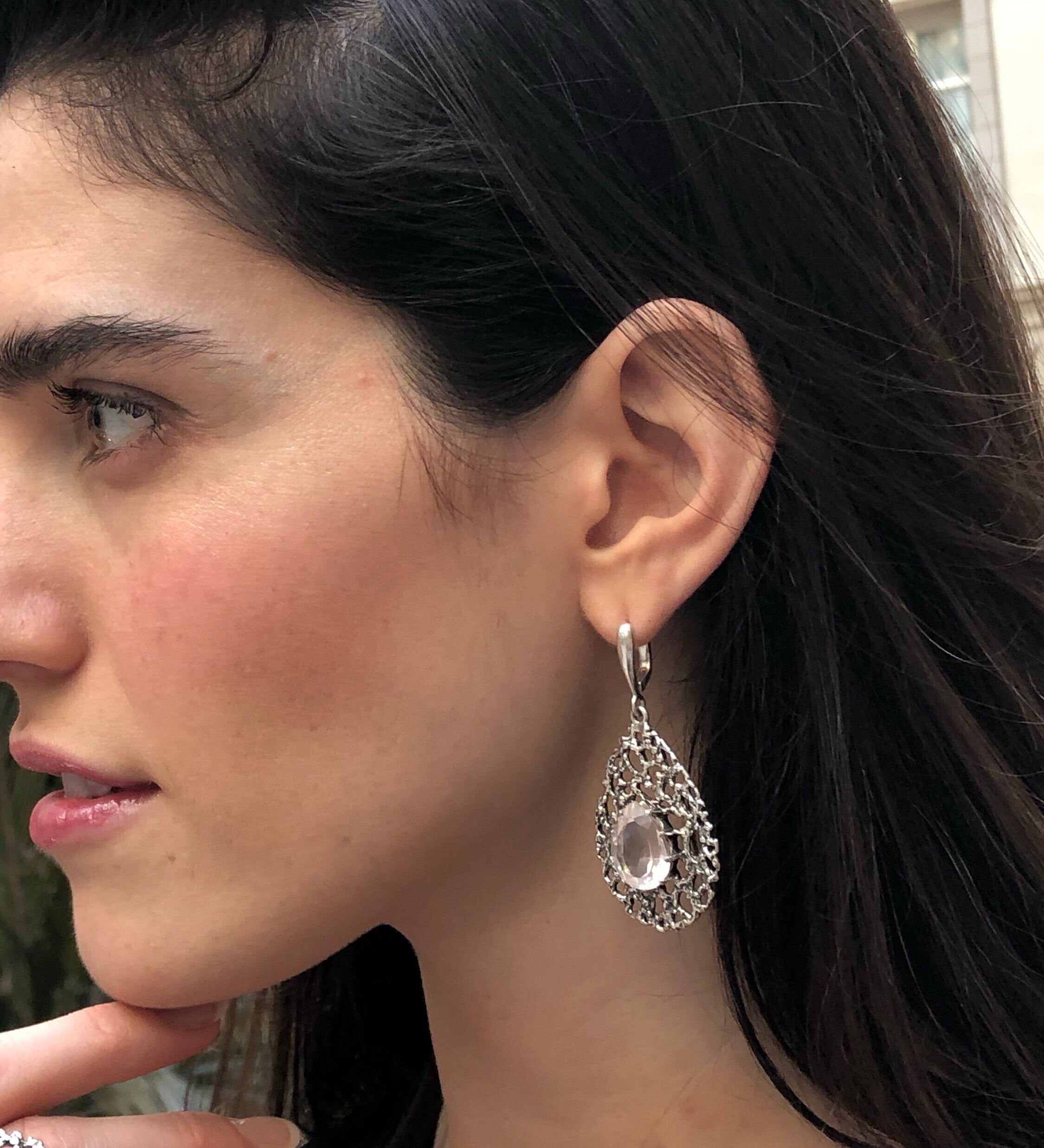 Rose Quartz Earrings, Natural Rose Quartz, January Earrings, Teardrop Earrings, Pink Quartz Earrings, Vintage Earrings, 925 Silver Earrings