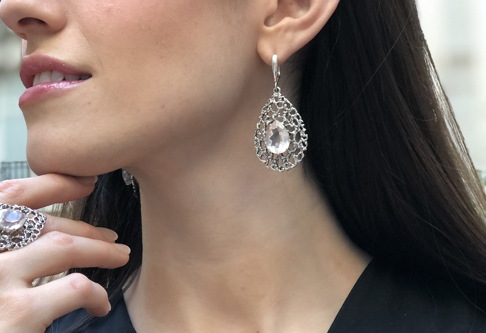 Rose Quartz Earrings, Natural Rose Quartz, January Earrings, Teardrop Earrings, Pink Quartz Earrings, Vintage Earrings, 925 Silver Earrings