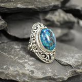 Blue Chrysocolla Ring, Natural Chrysocolla, Antique Ring, Long Statement Ring, Vintage Ring, Chunky Ring, Artistic Ring, Solid Silver Ring