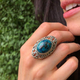 Blue Chrysocolla Ring, Natural Chrysocolla, Antique Ring, Long Statement Ring, Vintage Ring, Chunky Ring, Artistic Ring, Solid Silver Ring