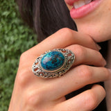 Blue Chrysocolla Ring, Natural Chrysocolla, Antique Ring, Long Statement Ring, Vintage Ring, Chunky Ring, Artistic Ring, Solid Silver Ring
