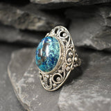 Blue Chrysocolla Ring, Natural Chrysocolla, Antique Ring, Long Statement Ring, Vintage Ring, Chunky Ring, Artistic Ring, Solid Silver Ring