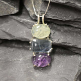 Long Boho Pendant, Bohemian Pendant, Heavy Pendant, Large Gemstone Pendant, Big Necklace, Solid Silver Pendant, Fluorite, Prehnite, Amethyst