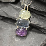 Long Boho Pendant, Bohemian Pendant, Heavy Pendant, Large Gemstone Pendant, Big Necklace, Solid Silver Pendant, Fluorite, Prehnite, Amethyst