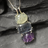 Long Boho Pendant, Bohemian Pendant, Heavy Pendant, Large Gemstone Pendant, Big Necklace, Solid Silver Pendant, Fluorite, Prehnite, Amethyst