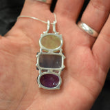 Long Boho Pendant, Bohemian Pendant, Heavy Pendant, Large Gemstone Pendant, Big Necklace, Solid Silver Pendant, Fluorite, Prehnite, Amethyst