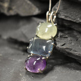 Long Boho Pendant, Bohemian Pendant, Heavy Pendant, Large Gemstone Pendant, Big Necklace, Solid Silver Pendant, Fluorite, Prehnite, Amethyst