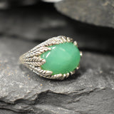 Green Statement Ring, Natural Chrysoprase Ring, Leaf Ring, Chunky Ring, May Birthstone, Green Artistic Ring, Large Ring, Solid Silver Ring