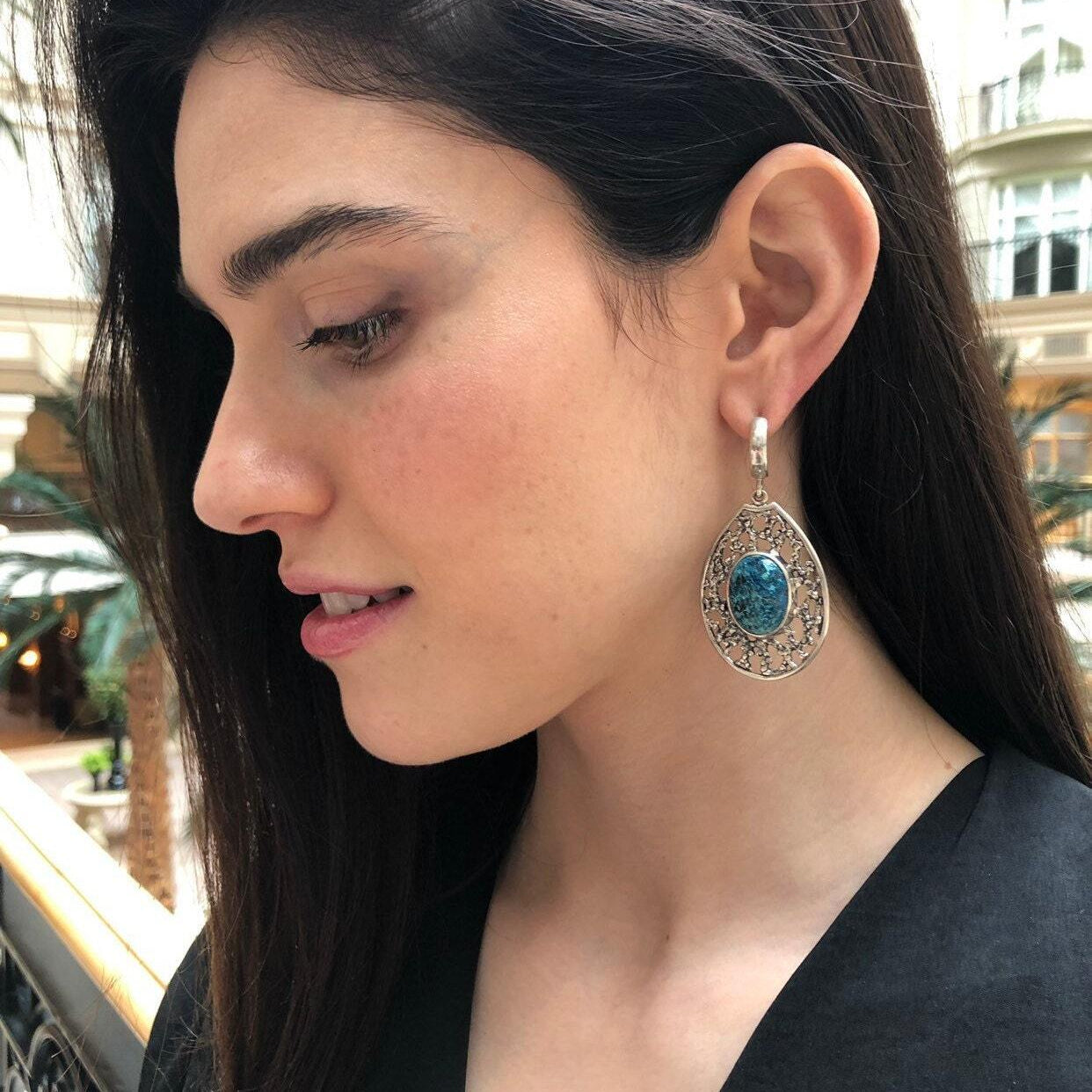 Chrysocolla Earrings, Natural Chrysocolla, Long Blue Earrings, Artisan Earrings, Heavy Earrings, Teardrop Earrings, Solid Silver Earrings