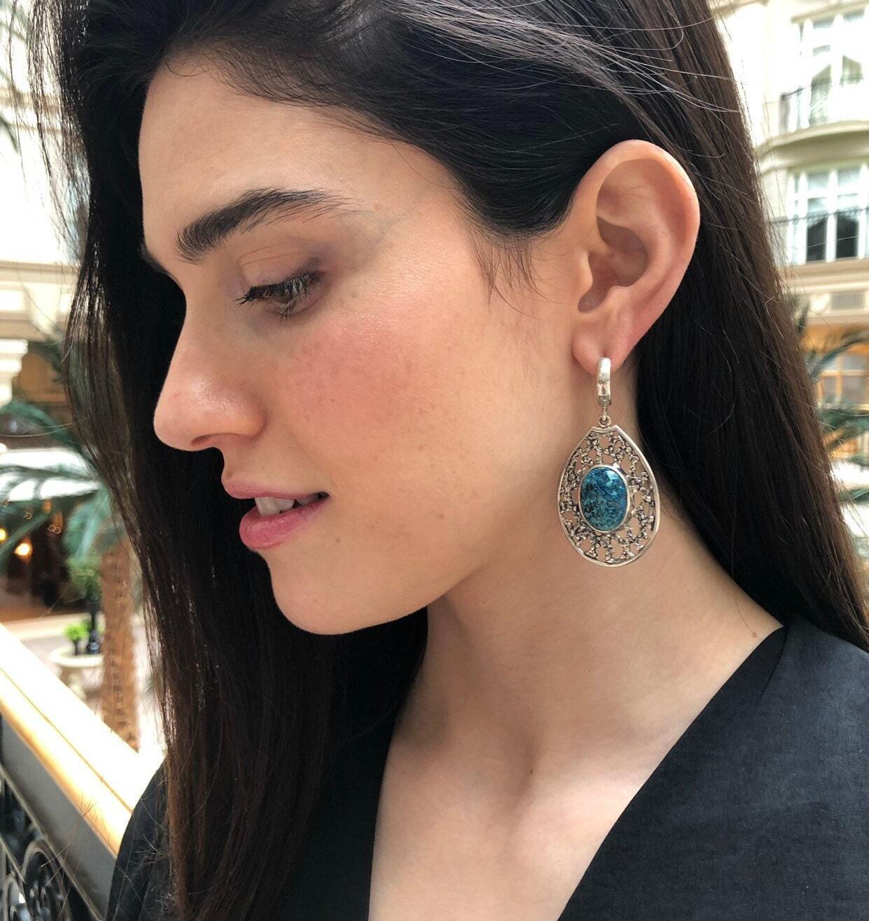 Chrysocolla Earrings, Natural Chrysocolla, Long Blue Earrings, Artisan Earrings, Heavy Earrings, Teardrop Earrings, Solid Silver Earrings