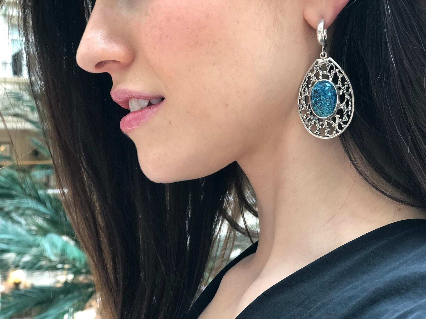Chrysocolla Earrings, Natural Chrysocolla, Long Blue Earrings, Artisan Earrings, Heavy Earrings, Teardrop Earrings, Solid Silver Earrings