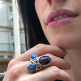Leaf Ring, Natural Ruby, Natural Kyanite, July Birthstone, Floral Ring, Blue Statement Ring, Artystic Multistone Ring, Solid Silver Ring