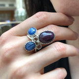 Leaf Ring, Natural Ruby, Natural Kyanite, July Birthstone, Floral Ring, Blue Statement Ring, Artystic Multistone Ring, Solid Silver Ring