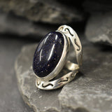Blue Sandstone Ring, Natural Sandstone, Night Sky Ring, Artistic Ring, Large Sandstone Ring, Black Ring, Sparkly Ring, Solid Silver Ring