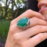 Large Malachite Ring, Natural Malachite, Leaf Ring, Oval Ring, Statement Ring, Green Ring, Floral Ring, Green Vintage Ring, 925 Silver Ring