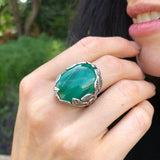 Large Malachite Ring, Natural Malachite, Leaf Ring, Oval Ring, Statement Ring, Green Ring, Floral Ring, Green Vintage Ring, 925 Silver Ring