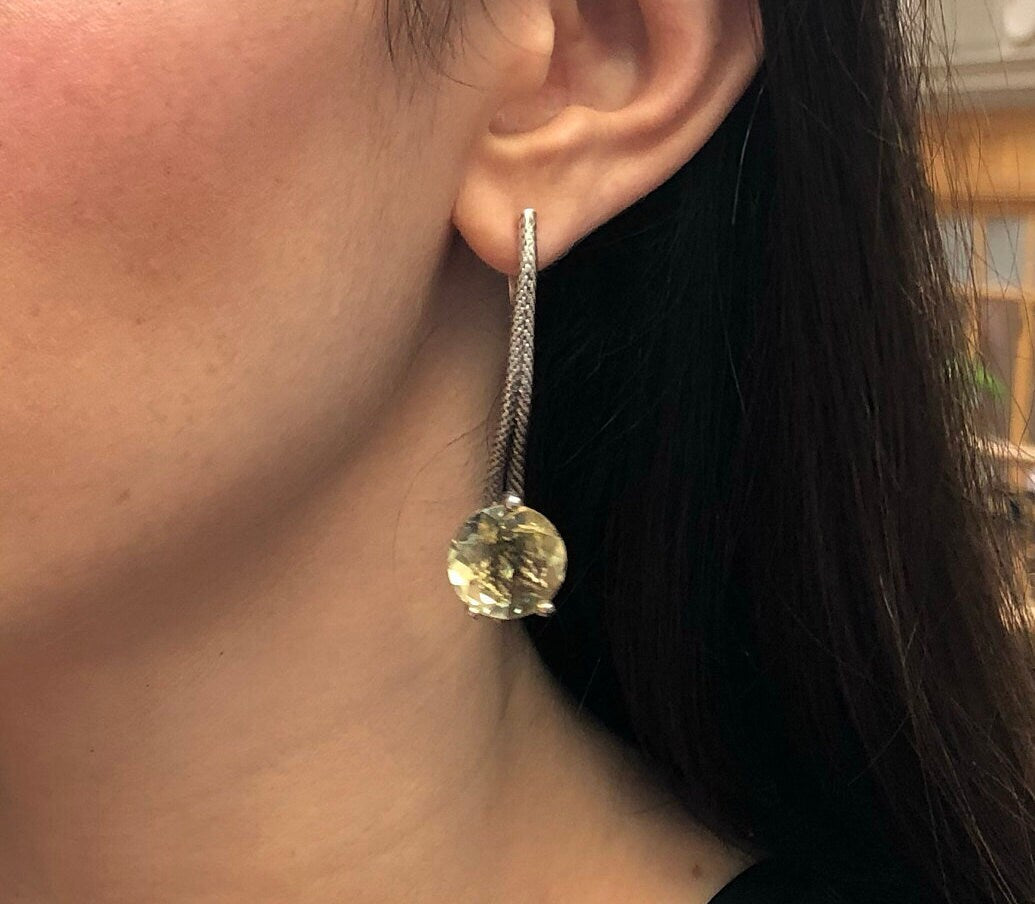 Long Rope Earrings, Natural Lemon Quartz, Yellow Diamond Earrings, Artistic Earrings, Heavy Earrings, Snake Earrings, Solid Silver Earrings