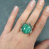 Vintage Malachite Ring, Natural Malachite Ring, Statement Green Ring, Leaf Ring, Green Gem Ring, Vintage Floral Ring, Solid Silver Ring