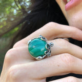 Vintage Malachite Ring, Natural Malachite Ring, Statement Green Ring, Leaf Ring, Green Gem Ring, Vintage Floral Ring, Solid Silver Ring