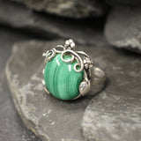 Vintage Malachite Ring, Natural Malachite Ring, Statement Green Ring, Leaf Ring, Green Gem Ring, Vintage Floral Ring, Solid Silver Ring