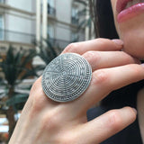 Tribal Ring, Mandala Ring, Statement Ring, Round Silver Ring, Artisan Ring, Vintage Ring, Large Round Ring, Big Flat Ring, Solid Silver Ring