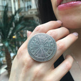 Tribal Ring, Mandala Ring, Statement Ring, Round Silver Ring, Artisan Ring, Vintage Ring, Large Round Ring, Big Flat Ring, Solid Silver Ring