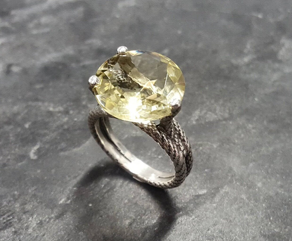 Lemon Quartz Ring, Natural Lemon Quartz, Rope Ring, Statement Ring, Yellow Diamond Ring, Artistic Ring, Chunky Ring, Solid Silver Ring