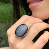 Cats Eye Ring, Natural Cats Eyes, Black Vintage Ring, Antique Ring, Large Oval Ring, Black Shiny Ring, Statement Ring, Solid Silver Ring