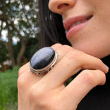 Cats Eye Ring, Natural Cats Eyes, Black Vintage Ring, Antique Ring, Large Oval Ring, Black Shiny Ring, Statement Ring, Solid Silver Ring