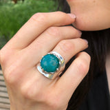 Chrysocolla Ring, Natural Chrysocolla, Sagittarius Birthstone, Round Ring, Statement Ring, Blue Stone Ring, 925 Silver Ring, Chrysocolla