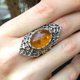 Large Amber Ring, Natural Amber Ring, Statement Ring, Vintage Ring, Long Ring, Yellow Ring, Artistic Ring, Bohemian Ring, Solid Silver Ring