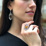 Large Amber Ring, Natural Amber Ring, Statement Ring, Vintage Ring, Long Ring, Yellow Ring, Artistic Ring, Bohemian Ring, Solid Silver Ring