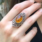 Large Amber Ring, Natural Amber Ring, Statement Ring, Vintage Ring, Long Ring, Yellow Ring, Artistic Ring, Bohemian Ring, Solid Silver Ring