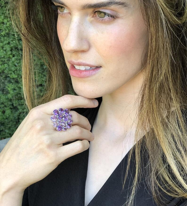 Multistone Ring, Natural Rose Quartz, Natural Blue Topaz, Amethyst Ring, Citrine Ring, Flower Ring, Cocktail Ring, Unique Ring, Solid Silver