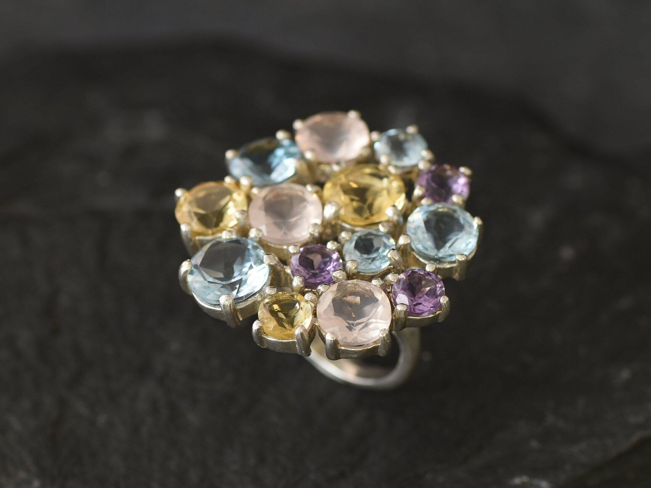 Multistone Ring, Natural Rose Quartz, Natural Blue Topaz, Amethyst Ring, Citrine Ring, Flower Ring, Cocktail Ring, Unique Ring, Solid Silver
