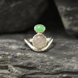 Rutilated Quartz Ring, Natural Rutilated Quartz Ring, Chrysoprase Ring, Two Stone Ring, Asymmetric Ring, Unique Silver Ring, Rare by Adina