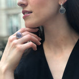 Fluorite Earrings, Natural Fluorite, Silver Leaf Earrings, Purple Round Earrings, Statement Earrings, Leaf Earrings, Solid Silver Earrings