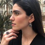 Fluorite Earrings, Natural Fluorite, Silver Leaf Earrings, Purple Round Earrings, Statement Earrings, Leaf Earrings, Solid Silver Earrings