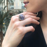 Fluorite Earrings, Natural Fluorite, Silver Leaf Earrings, Purple Round Earrings, Statement Earrings, Leaf Earrings, Solid Silver Earrings