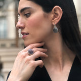 Fluorite Earrings, Natural Fluorite, Silver Leaf Earrings, Purple Round Earrings, Statement Earrings, Leaf Earrings, Solid Silver Earrings