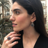 Fluorite Earrings, Natural Fluorite, Silver Leaf Earrings, Purple Round Earrings, Statement Earrings, Leaf Earrings, Solid Silver Earrings
