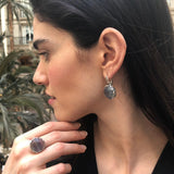 Fluorite Earrings, Natural Fluorite, Silver Leaf Earrings, Purple Round Earrings, Statement Earrings, Leaf Earrings, Solid Silver Earrings