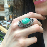 Large Green Ring, REAL Chrysoprase, Green Ornamental Band, Victorian Statement Ring, Edwardian Ring, Antique Silver Ring, Adina Stone