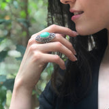 Large Green Ring, REAL Chrysoprase, Green Ornamental Band, Victorian Statement Ring, Edwardian Ring, Antique Silver Ring, Adina Stone