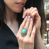Large Green Ring, REAL Chrysoprase, Green Ornamental Band, Victorian Statement Ring, Edwardian Ring, Antique Silver Ring, Adina Stone