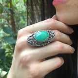 Large Green Ring, REAL Chrysoprase, Green Ornamental Band, Victorian Statement Ring, Edwardian Ring, Antique Silver Ring, Adina Stone